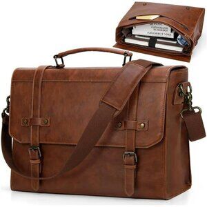 Premium Leather Messenger Bag 17in Laptop Briefcase Waterproof